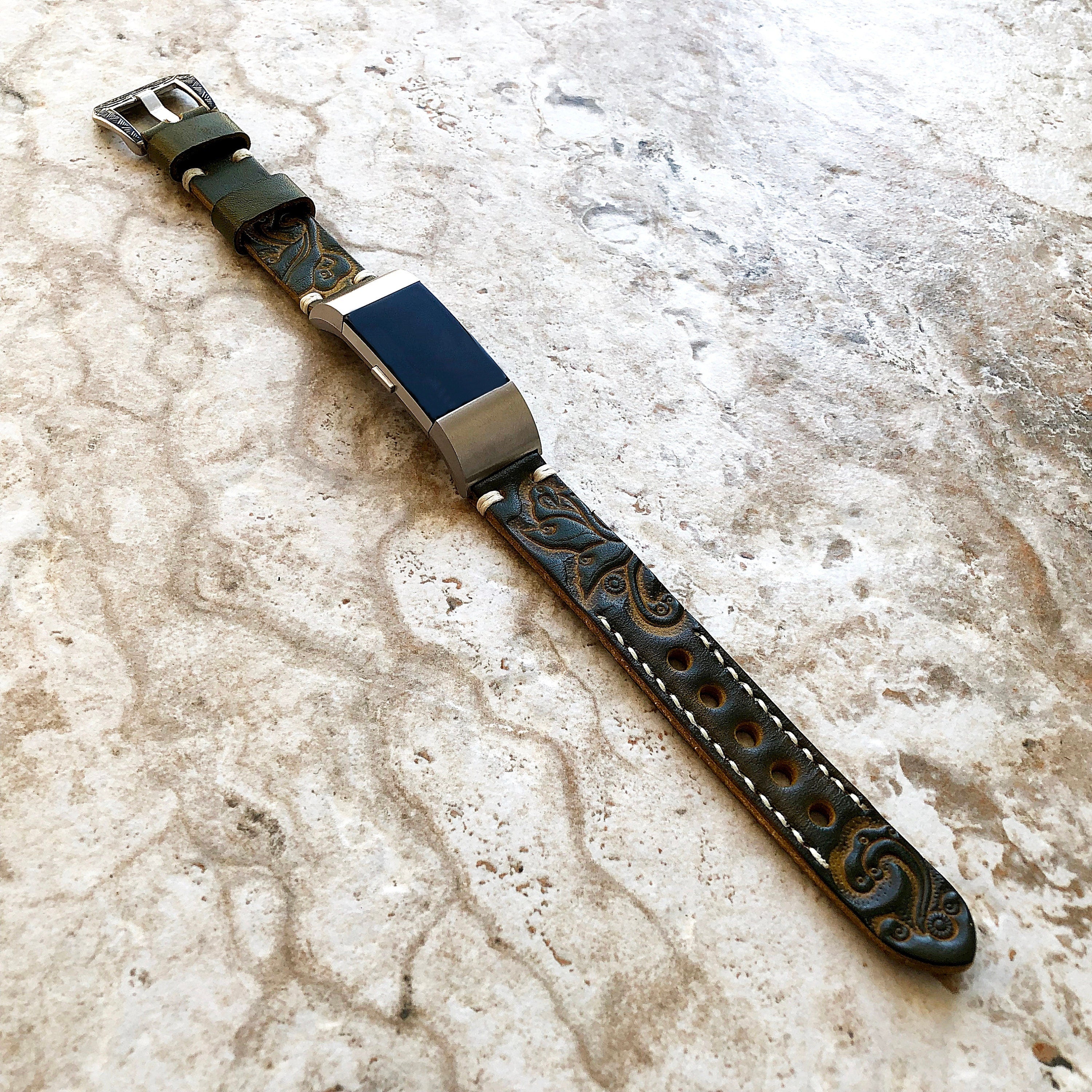 Fitbit Charge 6 5 4 3 Green Yellow Tooled Embossed Handmade Leather Band Strap Bracelet for Fitness Tracker Wristband Adapters Quick Release